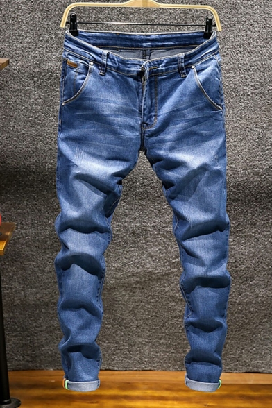 Dashing Men Jeans Pure Color Dark Wash Pocket Detail Zipper Placket Mid Rise Long Length Slim Fit Jeans