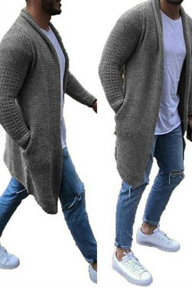 Edgy Cardigan Solid Asymmetric Hem Relaxed Long Sleeves Open Front Long Length Cardigan for Men