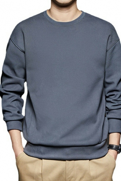 Elegant Guys Sweatshirt Solid Color Long Sleeve Crew Neck Rib Hem Baggy Sweatshirt