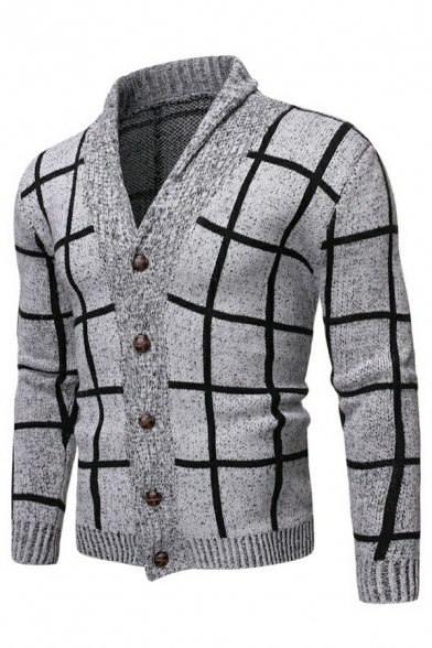 Fancy Men's Cardigan Plaid Patterned V-Neck Button-up Long Sleeve Cardigan