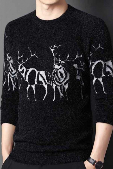 Fashionable Men's Sweater Deer Printed Round Neck Long Sleeve Loose Fitted Sweater