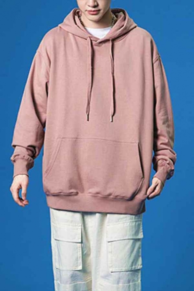 Fashionable Solid Color Men's Hoodie Long Sleeves Relaxed Fit Drawstring Hooded Sweatshirt