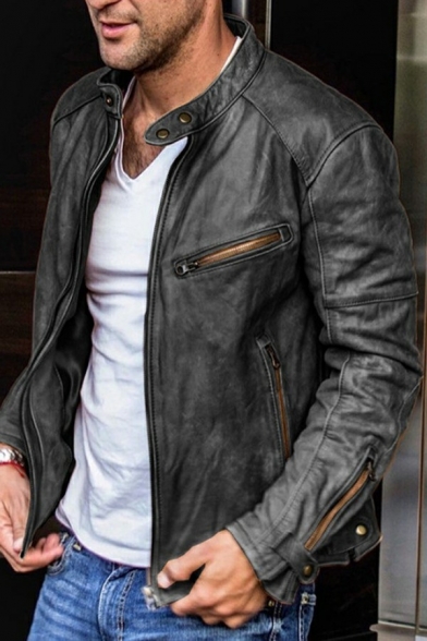 Freestyle Guys Jacket Solid Color Zip Pocket Long-Sleeved Stand Collar Relaxed Zip Up Leather Jacket