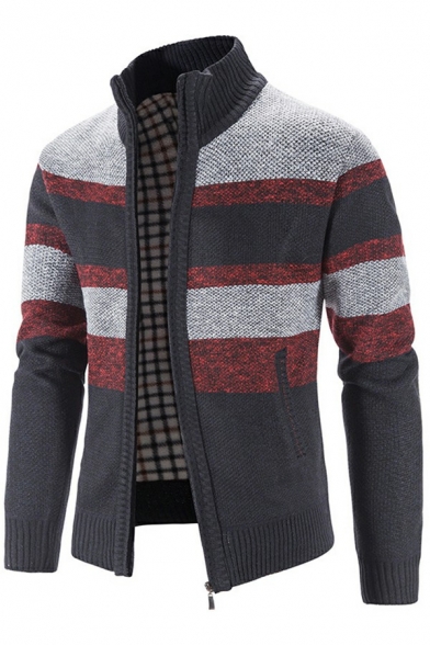Guy's Hot Cardigan Contrast Color Pocket Designed Stand Collar Slimming Long Sleeves Zipper Cardigan