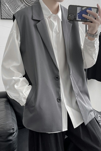 Guys Elegant Vest Pure Color Button Placket V-Neck Baggy Sleeveless Suit Vest