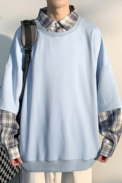 Guys Pop Sweatshirt Plaid Print Faux Twinset Panel Long Sleeve Oversized Sweatshirt