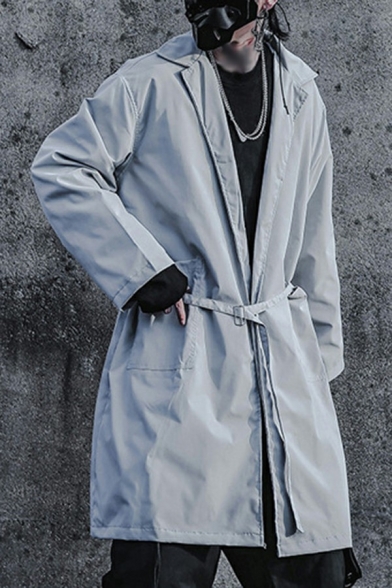 Hip-hop Trench Coat Solid Color Collar Long Sleeve Loose Fitted Trench Coat for Men