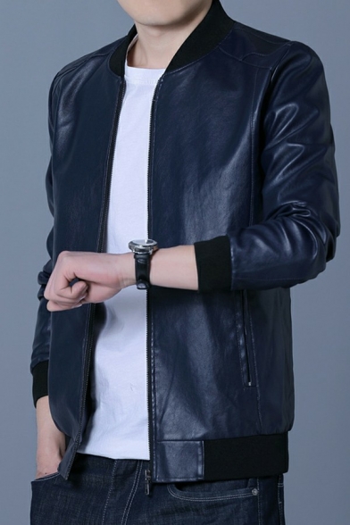 Leisure Men Jacket Solid Pocket Stand Collar Long Sleeve Relaxed Fit Zip Fly Leather Jacket