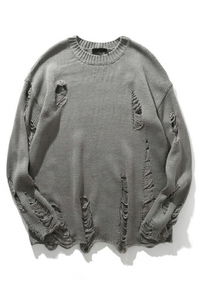Men Boyish Sweater Plain Round Neck Distressed Long Sleeves Loose Sweater