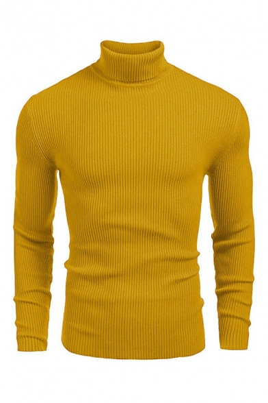 Men Elegant Sweater Solid Color Long Sleeve Slimming High Neck Sweater