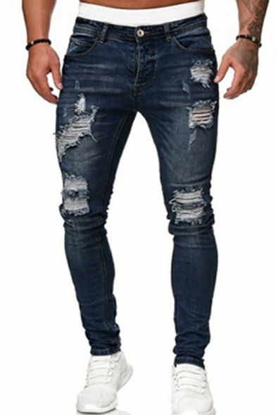 Men's Fashionable Jeans Dark Wash Mid Rise Knee Broken Hole Full Length Slim Fit Jeans with Pockets