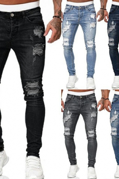 Men's Fashionable Jeans Dark Wash Mid Rise Knee Broken Hole Full Length Slim Fit Jeans with Pockets