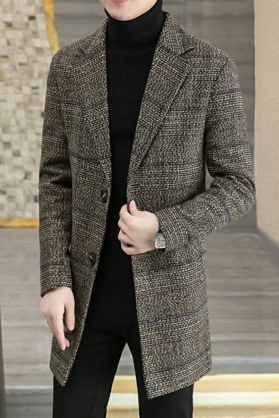 Men Urban Coat Plaid Pattern Lapel Collar Long-Sleeved Relaxed Fit Button Placket Pea Coat