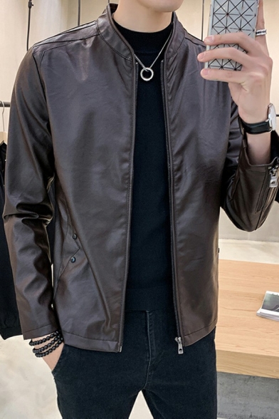 Men Urban Leather Jacket Solid Color Stand Collar Full-Zip Long Sleeve Regular Fit Leather Jacket