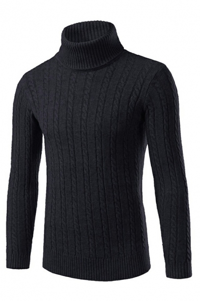 Men Urban Sweater Cable Knit Print High Collar Rib Cuffs Long Sleeve Slim Fit Sweater