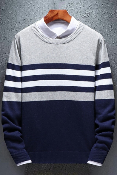 Modern Sweater Striped Pattern Round Neck Rib Cuffs Long Sleeves Relaxed Sweater for Men