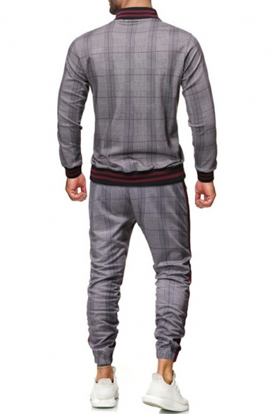 Pop Mens Set Plaid Pattern Contrast Hem Stand Collar Long-Sleeved Zip-up Jacket with Pants Slim Co-ords