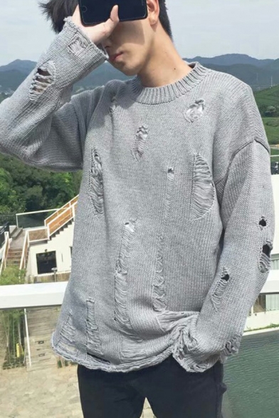 Popular Sweater Solid Distressed Detailed Long Sleeves Round Neck Oversized Pullover Sweater for Boys