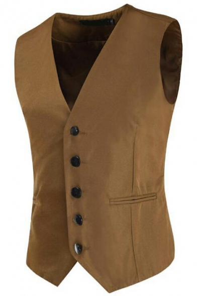 Retro Vest Whole Colored Button Placket V-Neck Slim Fit Sleeveless Vest for Guys