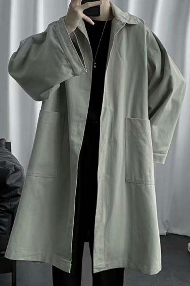 Simple Men Coat Solid Pocket Designed Spread Collar Regular Long Sleeve Open Front Trench Coat