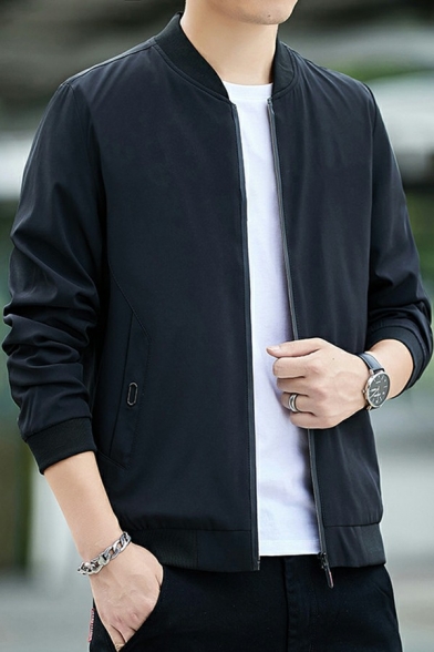 Simple Mens Varsity Jacket Pure Color Zip Closure Long Sleeve Regular Fit Jacket