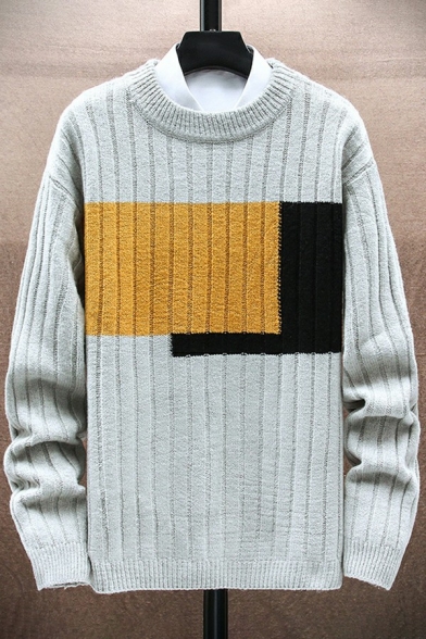 Street Look Sweater Color-Block Round Neck Rib Cuffs Long Sleeve Regular Fitted Sweater for Men