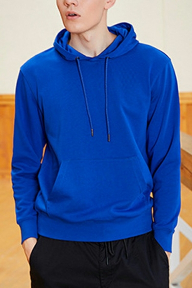 Stylish Mens Hoodie Plain Pocket Decoration Drawstring Fitted Long Sleeves Pullover Hoodie