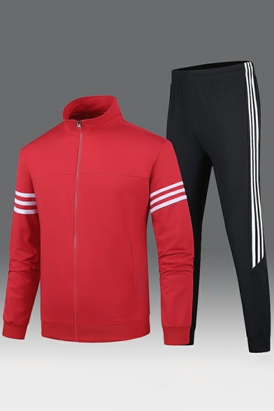 Trendy Co-ords Arm Stripe Pattern Zipper Placket Stand Collar Rib Hem Sweatshirt & Pants Fitted Co-ords for Guys