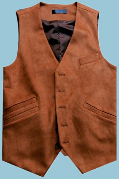 Trendy Plain Men's Vest Multi-Pockets Back Buckle Belt Single Breasted V-Neck Regular Fit Vest