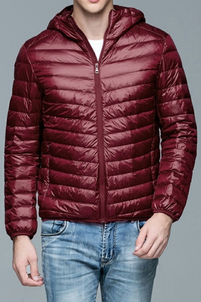 Trendy Puffer Coat Pure Color Zip Up Long Sleeve Regular Fit Hooded Puffer Coat for Men