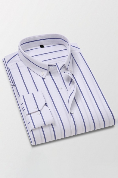 Unique Guys Shirt Stripe Print Button Button Placket Turn-Down Collar Fit Long Sleeves Shirt