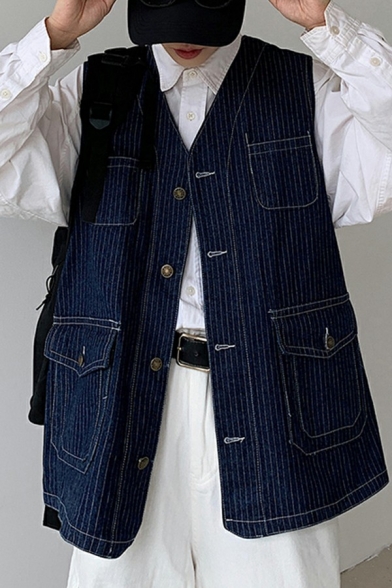 Vintage Vertical Striped Vest Multi-Pocket Button Closure V-Neck Denim Vest for Men