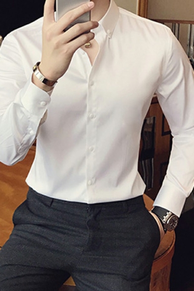 Dashing Shirt Plain Turn-down Collar Slim Fitted Long Sleeve Button Closure Shirt for Boys