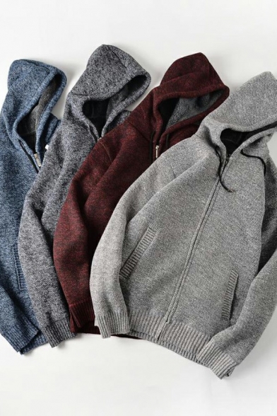 Mens Casual Cardigan Sweater Pure Color Long-Sleeved Zip Closure Loose Fit Cardigan Sweater with Hood