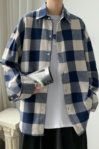 Popular Mens Shirts Plaid Pattern Long Sleeves Lapel Collar Loose Fitted Shirts
