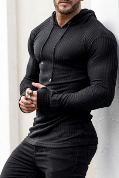 Sportive Hoodie Solid Color Drawstring Long-sleeved Slimming Hoodie for Men