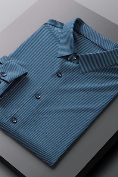 Men Edgy Shirt Stripe Patterned Button Decorate Turn-down Collar Long-sleeved Regular Shirt
