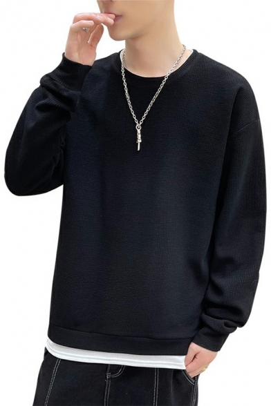 Trendy Mens Sweatshirt Solid Color Long-Sleeved Pocket Detail Regular Fit Sweatshirt