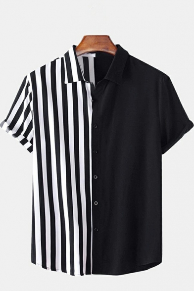 Fashion Guys Shirt Contrast Color Button Placket Turn-down Collar Short Sleeve Baggy Shirt