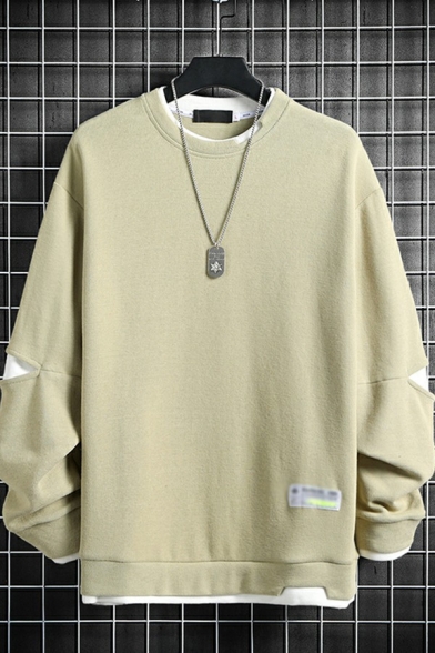 Street Look Guy's Sweatshirt Fake Two Pieces Long Sleeve Regular Fitted Round Neck Pullover Sweatshirt