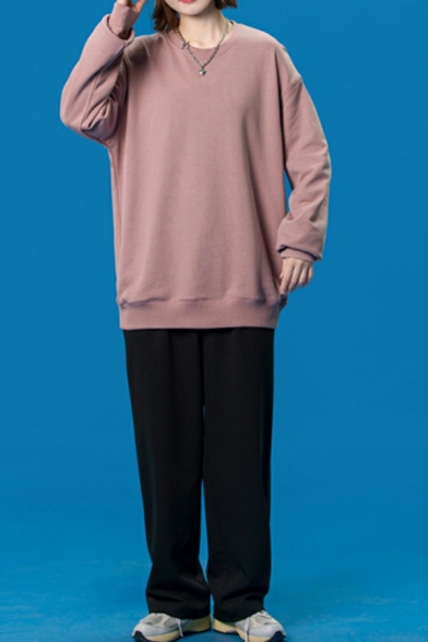 Novelty Mens Sweatshirt Pure Color Rib Hem Long Sleeve Regular Fitted Round Collar Pullover Sweatshirt