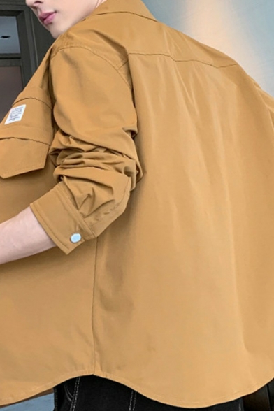 Fancy Mens Shirt Pure Color Lapel Collar Long-Sleeved Pocket Detail Button Closure Loose Fit Shirt