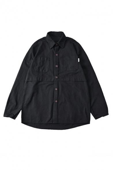 Guys Fashionable Shirt Solid Chest Pocket Long Sleeves Turn-down Collar Loose Fit Button Up Shirt