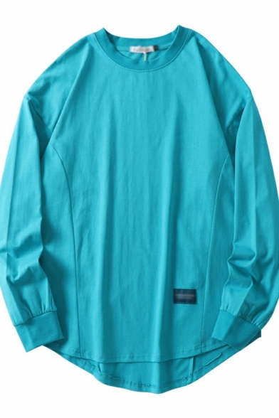 Hot Boys Sweatshirt Whole Colored Irregular Hem Regular Round Neck Long-Sleeved Pullover Sweatshirt