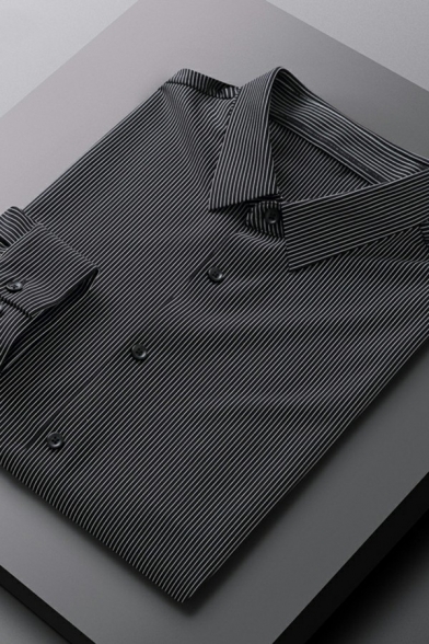 Men Edgy Shirt Stripe Patterned Button Decorate Turn-down Collar Long-sleeved Regular Shirt