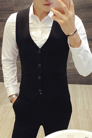Men Urban Suit Vest Whole Colored Sleeveless Slim Fit V-Neck Button Closure Suit Vest