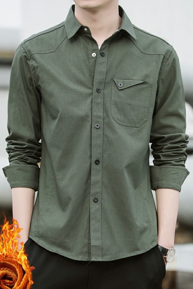 Modern Guys Shirt Pure Color Pocket Design Button Embellished Turn-down Collar Long-sleeved Shirt