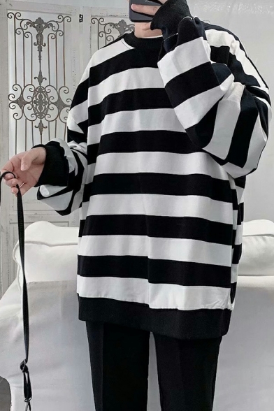 Fancy Mens Drawstring Sweatshirt Stripe Pattern  Long Sleeve Rib Cuffs Loose Fit Sweatshirt