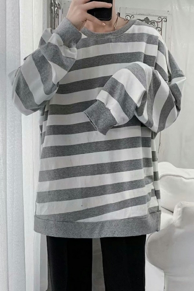 Fancy Mens Drawstring Sweatshirt Stripe Pattern  Long Sleeve Rib Cuffs Loose Fit Sweatshirt