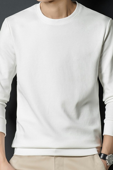 Casual Mens Sweatshirt Plain Rib Hem Round Collar Long-Sleeved Regular Fit Pullover Sweatshirt